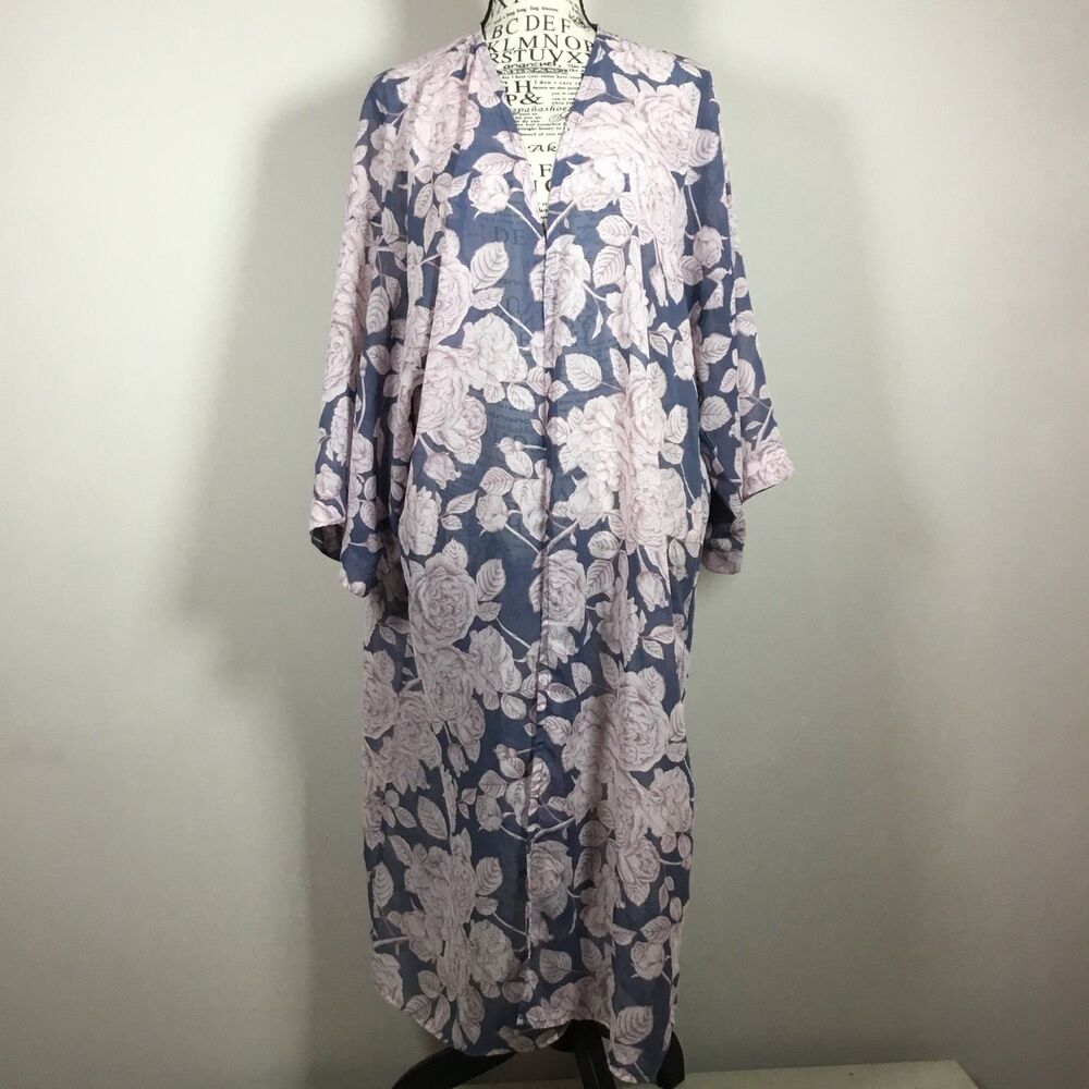 Wallflower floral robe coverup duster feminine floaty fairy grey pink roses XL